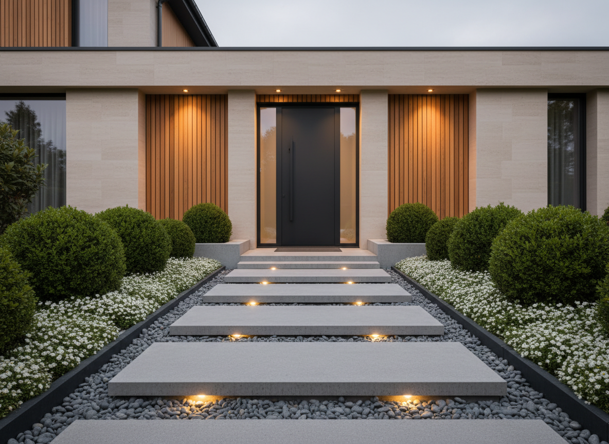A refined front garden entrance designed with impressive yet understated modern style: a straight pathway of large, floating concrete steps set within smooth river pebbles leads to a dark, minimalist door framed by narrow beds of sculpted evergreens and white flowering groundcover. Discreet recessed step lights hint at nighttime elegance. The facade features light-colored render and vertical wood cladding, creating a clean architectural backdrop. Early evening light with a slightly overcast sky gives a soft, neutral tone, while subtle artificial lighting adds warm accents on key plants and steps. Shot from a low, frontal angle to emphasize the strong lines and welcoming approach, with sharp focus throughout. The photographic realism and balanced composition convey professionalism, precision, and a sense of calm luxury.