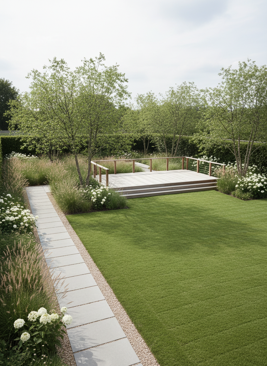 A spacious modern garden with distinct functional zones seamlessly integrated into one coherent, restful design. In the foreground, a large, rectangular lawn with perfectly trimmed edges flows toward a raised wooden deck with clean, linear furniture silhouettes removed, leaving room for imagination. Parallel to the lawn, a straight path of light stone slabs cuts through gravel and narrow planting strips of grasses and white perennials. Structural multi-stem trees with airy canopies are carefully positioned to cast dappled shade. Soft, bright daylight under a lightly overcast sky creates even, flattering illumination and gentle shadows. Photographed from a high, slightly oblique angle to reveal the garden’s geometry and hierarchy of spaces. The mood is calm, open, and highly ordered, with a photographic, professional aesthetic ideal for showcasing comprehensive garden transformations.