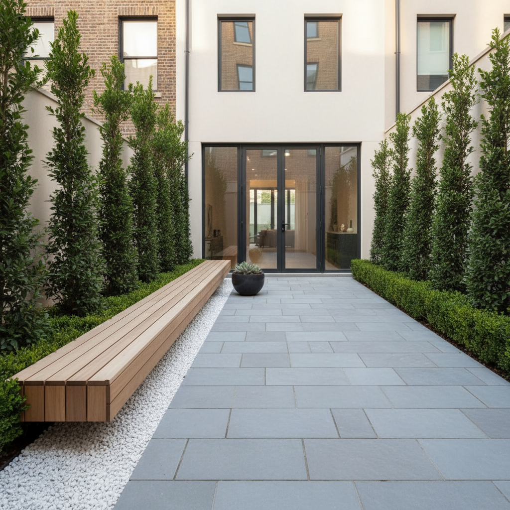 A narrow townhouse backyard completely redesigned as a clean, modern relaxation zone, featuring a long, built-in bench of smooth light wood along one side, floating above a bed of white gravel. Behind the bench, a row of tall, evenly spaced evergreen columns forms a living green wall, underplanted with low, clipped box hedges for structure. The ground is a seamless expanse of large rectangular stone slabs in a cool gray tone. Gentle, diffused late-afternoon light creates a soft, inviting glow with minimal harsh shadows. The image is captured from the back toward the house at eye level, using a centered composition that accentuates the symmetry and calm. Photographic realism and a minimalist aesthetic convey an elegant, private retreat crafted for everyday rest.