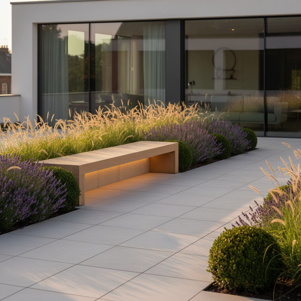 A sleek terrace garden adjoining a contemporary house, featuring large-format porcelain tiles in a pale stone color and a series of narrow, linear planting beds neatly integrated along the edges. The beds are filled with tall, gently waving ornamental grasses, low lavender mounds, and clipped box balls, all arranged in precise rhythm. Discreet, integrated LED strip lights run beneath a floating bench made of smooth light oak, hinting at evening use. Captured at golden hour, with warm sunlight grazing the plants from the side and casting long, elegant shadows across the terrace. Framed using the rule of thirds with a shallow depth of field that keeps the foreground in perfect focus and subtly blurs the distant garden. The overall photographic realism feels calm, refined, and highly organized.