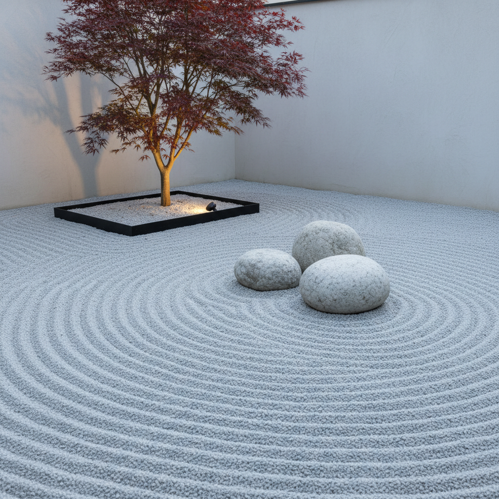A tranquil minimalist Zen-inspired garden corner designed for daily relaxation, with an immaculate gravel surface raked into precise concentric patterns around three carefully placed smooth boulders. A single Japanese maple with finely cut burgundy leaves rises from a simple rectangular bed edged in black steel, its trunk subtly illuminated by a small ground spotlight. The background features a plain, light-colored plaster wall, creating a clean backdrop free of distractions. Soft, indirect evening light combined with warm, low garden lighting creates gentle highlights on the gravel texture and leaf edges, enhancing depth. Photographed from a low, slightly angled perspective to emphasize the raked patterns and compositional balance. The atmosphere is deeply calming, contemplative, and orderly, rendered in clean, photographic realism.