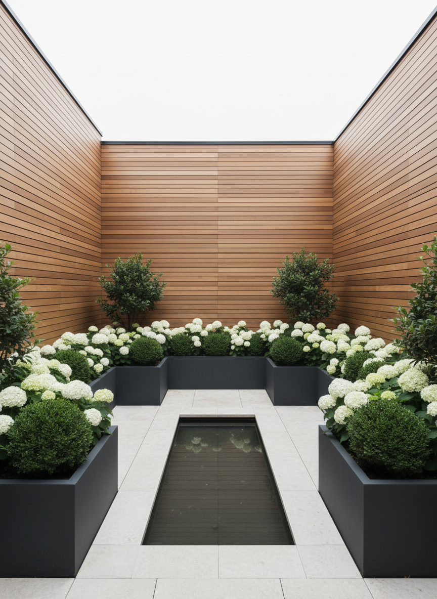 A compact city courtyard garden transformed into a clean, relaxing oasis, with a small rectangular reflective water feature in the center, bordered by smooth light stone. Around it, large planters in matte charcoal finish hold sculpted evergreen shrubs and simple white hydrangeas. The surrounding walls are clad in horizontal natural wood slats, adding warmth and structure. Diffused overcast daylight filters in from above, creating even, soft illumination with minimal shadows and a peaceful mood. Shot from a slightly elevated angle to show the entire layout, with a balanced, symmetrical composition. The photographic style is modern and minimalist, emphasizing simple geometry, restrained plant palette, and a luxurious yet understated atmosphere ideal for quiet everyday rest.